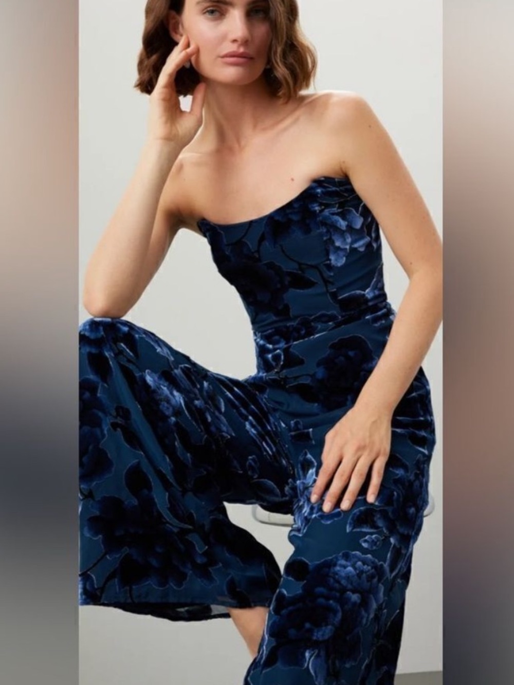 Hutch Sonnie Wide Leg Jumpsuit Floral Blue Velvet Formal Strapless Corset Sz 16 - Picture 3 of 11